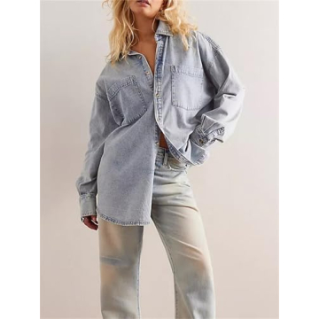 Women Vintage Denim Shirt Y2k Casual Loose Fit Drop Shoulder Long Sleeve Button Down Chambray Jean Blouse Retro Outfits