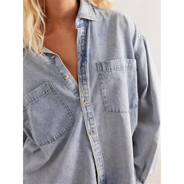 Women Vintage Denim Shirt Y2k Casual Loose Fit Drop Shoulder Long Sleeve Button Down Chambray Jean Blouse Retro Outfits
