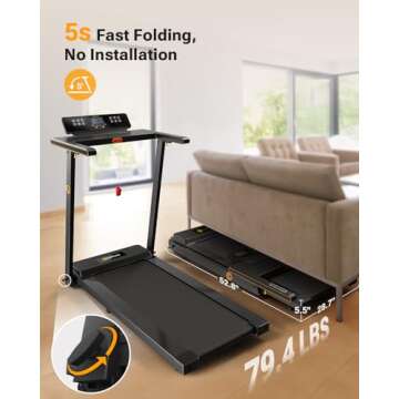 UREVO Portable Folding Treadmills for Home, Max 3.0 HP Running Walking Treadmill with 12 Pre Set Programs and Wider Tread Belt, Adjustable Display, Pause Detection