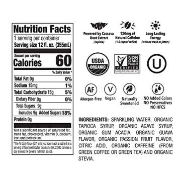 OCA - Plant Based Energy Drink - Natural Low Sugar - Organic Energy Drink & Vegan - Guava Passion Fruit - 60 cal. can - 12 Pack