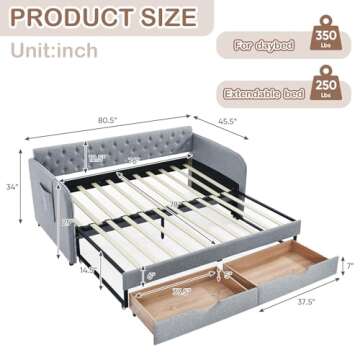 Antetek 80.5" Daybed with Drawer, Modern Button Tufted Linen Day Bed with Trundle Bed Twin to King, ...