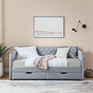 Antetek 80.5" Daybed with Drawer, Modern Button Tufted Linen Day Bed with Trundle Bed Twin to King, Upholstered Daybed Frame w/Storage Pocket for Bedroom, Living Room, No Box Spring Needed, Grey