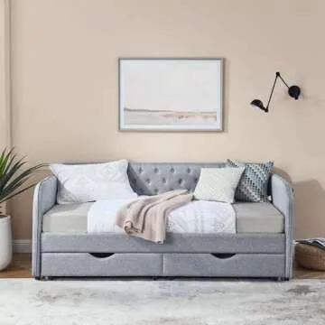 Antetek 80.5" Daybed with Drawer, Modern Button Tufted Linen Day Bed with Trundle Bed Twin to King, Upholstered Daybed Frame w/Storage Pocket for Bedroom, Living Room, No Box Spring Needed, Grey