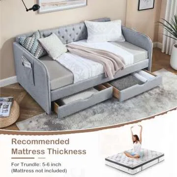 Antetek 80.5" Daybed with Drawer, Modern Button Tufted Linen Day Bed with Trundle Bed Twin to King, Upholstered Daybed Frame w/Storage Pocket for Bedroom, Living Room, No Box Spring Needed, Grey