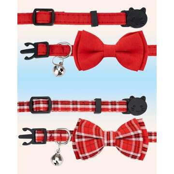 Gyapet Cat Collar Breakaway Bowtie Safety with Bell Adjustbale Kitten Puppy Solid Plaid Color Set J-[2pcs] Red