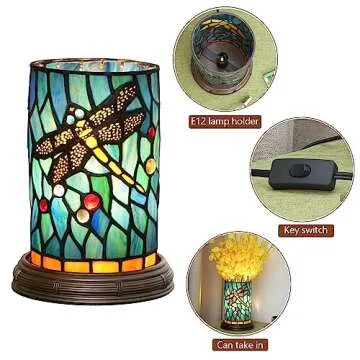 Tiffany lamp Stained Glass Table lamp Teal Dragonfly Style Bedroom Bedside Flower Vase Decor Green S...