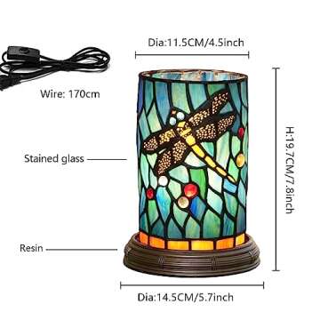 Tiffany lamp Stained Glass Table lamp Teal Dragonfly Style Bedroom Bedside Flower Vase Decor Green Small Night Light Mini Cute Kids Accent Unique LED Cottage Aesthetic Nightstand Cylinder Desk lamp