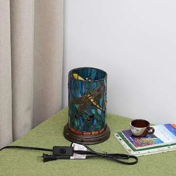 Tiffany lamp Stained Glass Table lamp Teal Dragonfly Style Bedroom Bedside Flower Vase Decor Green Small Night Light Mini Cute Kids Accent Unique LED Cottage Aesthetic Nightstand Cylinder Desk lamp