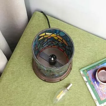 Tiffany lamp Stained Glass Table lamp Teal Dragonfly Style Bedroom Bedside Flower Vase Decor Green Small Night Light Mini Cute Kids Accent Unique LED Cottage Aesthetic Nightstand Cylinder Desk lamp