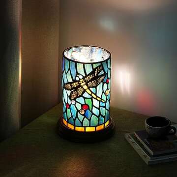 Tiffany lamp Stained Glass Table lamp Teal Dragonfly Style Bedroom Bedside Flower Vase Decor Green Small Night Light Mini Cute Kids Accent Unique LED Cottage Aesthetic Nightstand Cylinder Desk lamp