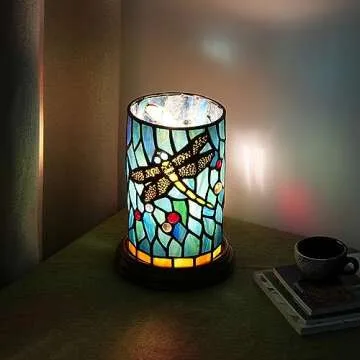 Tiffany lamp Stained Glass Table lamp Teal Dragonfly Style Bedroom Bedside Flower Vase Decor Green Small Night Light Mini Cute Kids Accent Unique LED Cottage Aesthetic Nightstand Cylinder Desk lamp