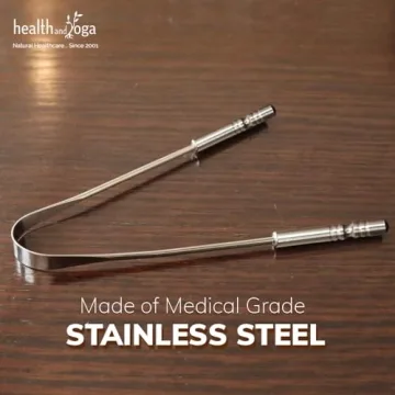 HealthAndYoga™ Tongue Cleaner Scraper - Hygienic, Surgical Grade, Non-Synthetic Grip – Sterilizable Tongue Brush Cleaner (Surgical Steel - 1 Pack)