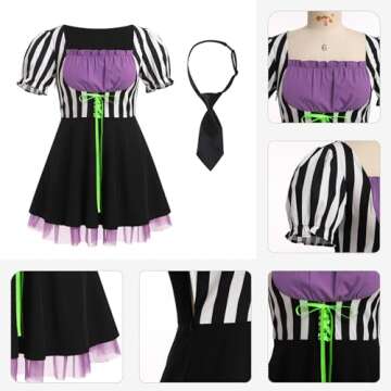 IMEKIS Black and White Striped Dress for Women: Adult Halloween Costumes for Women 2024 Movie Character Cosplay Vertical Striped Goth Punk Dress Tulle Skater Corset Milkmaid Dress Purple Large