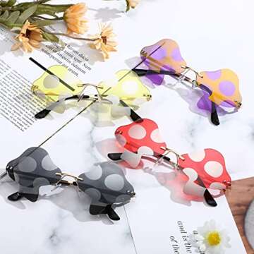 Oudain 4 Pair Mushroom Shape Sunglasses Funny Rimless Eyewear Retro Irregular Glasses Metal Spring Summer Mardi Gras Prom Party Sun Glasses for Men Women
