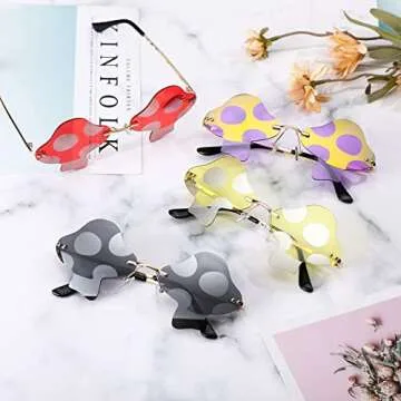 Oudain 4 Pair Mushroom Shape Sunglasses Funny Rimless Eyewear Retro Irregular Glasses Metal Spring Summer Mardi Gras Prom Party Sun Glasses for Men Women