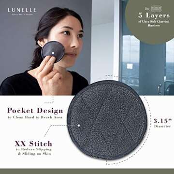 Lunelle Charcoal Bamboo Reusable Makeup Remover Pads 12 Pack - Reusable Face Pads with Laundry Bag + Charcoal Konjac Sponge Bamboo Makeup Remover Pads - Sustainable Reusable Cotton Pads Face Gift Set