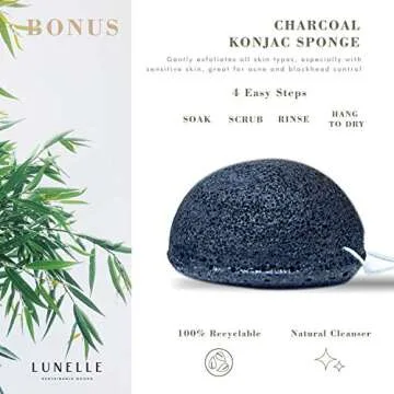 Lunelle Charcoal Bamboo Reusable Makeup Remover Pads 12 Pack - Reusable Face Pads with Laundry Bag + Charcoal Konjac Sponge Bamboo Makeup Remover Pads - Sustainable Reusable Cotton Pads Face Gift Set