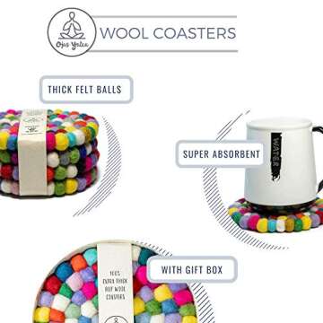 Wool Coasters for Drinks Absorbent - Set of 4 Round Felt Coaster Pads - Multicolor, Handmade, Scratch Free, Thick & Durable Felt Coasters - Home & Kitchen Decor Round Ball Coasters Gift Set