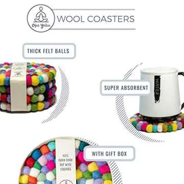 Wool Coasters for Drinks Absorbent - Set of 4 Round Felt Coaster Pads - Multicolor, Handmade, Scratch Free, Thick & Durable Felt Coasters - Home & Kitchen Decor Round Ball Coasters Gift Set
