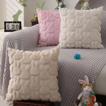 DFXSZ Easter Pillow Covers 18x18 inch Set of 2 Easter Decoration Cream White Rabbit Soft Plush Faux Fur Jacquard Throw Pillows for Bedroom Sofa Holiday Festivals Home Decor FHJ-010A18