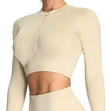 Aoxjox Seamless Long Sleeve Crop Top for Women - Beige