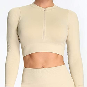 Aoxjox Seamless Long Sleeve Crop Top for Women - Beige