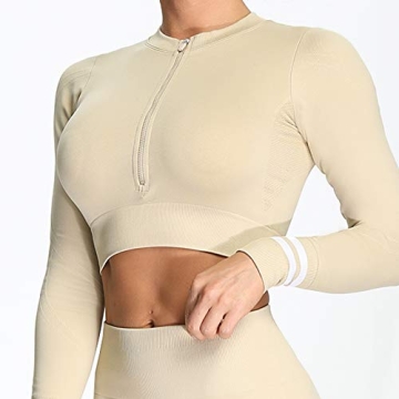 Aoxjox Seamless Long Sleeve Crop Top for Women - Beige