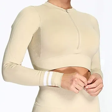 Aoxjox Seamless Long Sleeve Crop Top for Women - Beige