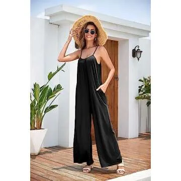 FKEEP Women's Loose V Neck Sleeveless Jumpsuits Adjustable Spaghetti Strap Romper Casual Wide Legs Pants with Pockets(A-Black,Small)