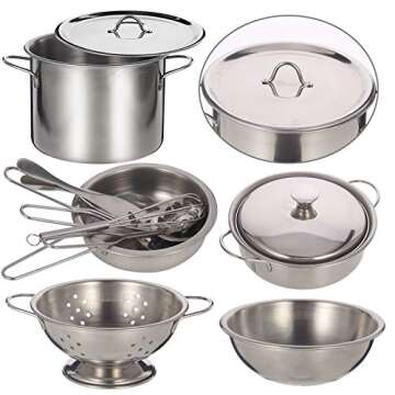 Jogotoll Kitchen Pretend Play Accessories Toys with Stainless Steel Cookware Pots and Pans Set, Cooking Utensils, Apron & Chef Hat and Cutting Play Foods for Kids, Gifts Learning Tool