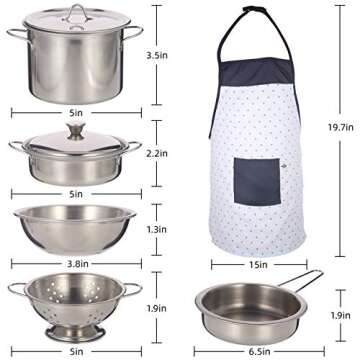 Jogotoll Kitchen Pretend Play Accessories Toys with Stainless Steel Cookware Pots and Pans Set, Cooking Utensils, Apron & Chef Hat and Cutting Play Foods for Kids, Gifts Learning Tool