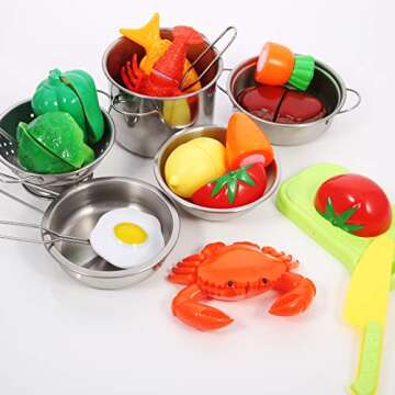 Jogotoll Kitchen Pretend Play Accessories Toys with Stainless Steel Cookware Pots and Pans Set, Cooking Utensils, Apron & Chef Hat and Cutting Play Foods for Kids, Gifts Learning Tool
