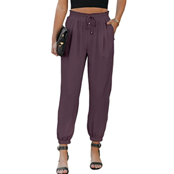 EVALESS Women's Stylish Linen Summer Casual Pants with Elastic Waist and Pockets