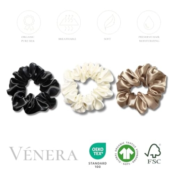 Vénera 100% Pure 22 Momme Mulberry Silk Scrunchies -Frizz&Breakage Prevention-Hair Care Ponytail Holders for Women- Silk Hair Ties (Black, White, Caramel)
