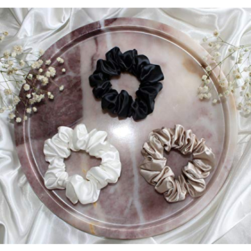 Vénera 100% Pure 22 Momme Mulberry Silk Scrunchies -Frizz&Breakage Prevention-Hair Care Ponytail Holders for Women- Silk Hair Ties (Black, White, Caramel)