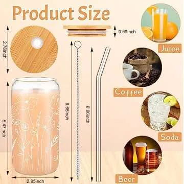 Bokon 3 Pcs Floral Iced Glass Cups with Bamboo Lids and Straws 16 oz Wildflower Coffee Cup Gift for ...