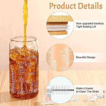 Bokon 3 Pcs Floral Iced Glass Cups with Bamboo Lids and Straws 16 oz Wildflower Coffee Cup Gift for Women Cute Flower Drinking Glass Bottle with 2 Cleaning Brushes, Birthday Bridesmaid Party Gifts