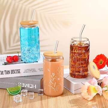 Bokon 3 Pcs Floral Iced Glass Cups with Bamboo Lids and Straws 16 oz Wildflower Coffee Cup Gift for Women Cute Flower Drinking Glass Bottle with 2 Cleaning Brushes, Birthday Bridesmaid Party Gifts