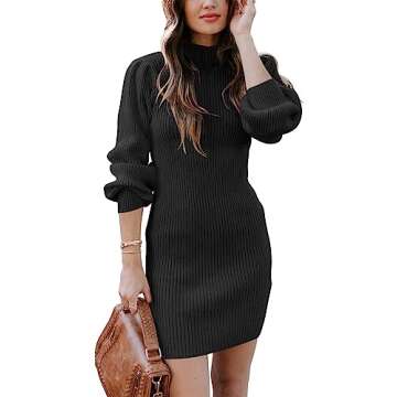 Caracilia Women Turtleneck Long Sleeve Knit Bodycon Slim Fitted Stretch Pullover Sweater Mini Dress ...