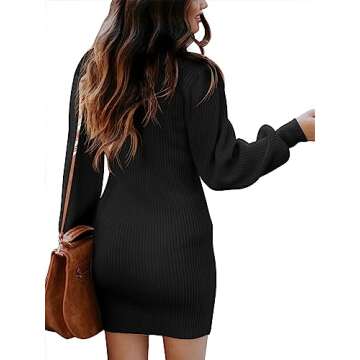 Caracilia Women Turtleneck Long Sleeve Knit Bodycon Slim Fitted Stretch Pullover Sweater Mini Dress Trendy Outfits 2024 Fall Black Large
