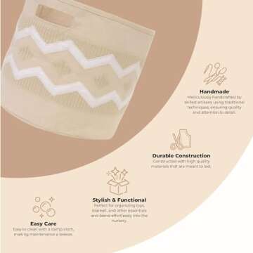 Crane Baby Fabric Round Nursery Storage Basket, Toy Storage, Beige Boho, 13"x12", Toy Basket, Baby S...