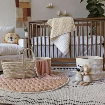 Crane Baby Fabric Round Nursery Storage Basket, Toy Storage, Beige Boho, 13"x12", Toy Basket, Baby Storage Organizer, Toy Organizers and Storage Bins, Baby Organizers and Storage, Toy Bins