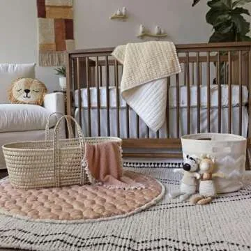 Crane Baby Fabric Round Nursery Storage Basket, Toy Storage, Beige Boho, 13"x12", Toy Basket, Baby Storage Organizer, Toy Organizers and Storage Bins, Baby Organizers and Storage, Toy Bins