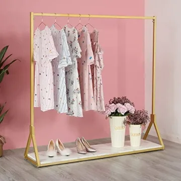 Elegant Gold Clothing Rack with Wooden Shelf for Boutique