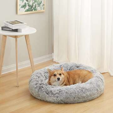 Bedfolks Calming Donut Dog Bed, 30 Inches Round Fluffy Dog Beds for Medium Dogs, Anti-Anxiety Plush ...