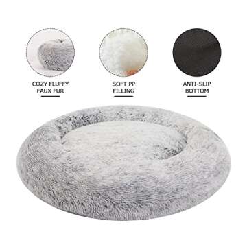 Bedfolks Calming Donut Dog Bed, 30 Inches Round Fluffy Dog Beds for Medium Dogs, Anti-Anxiety Plush Dog Bed, Machine Washable Pet Bed (Dark Grey, Medium)
