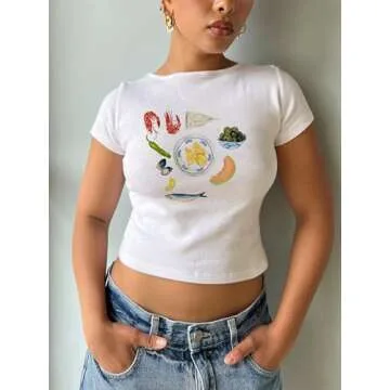 Graphic Baby Tees for Women Y2k Tops Teen Girls Fruit Print Crop Tops Coastal Summer Clothes Vintage Aesthetic T Shirt (Food Paring 1, L)