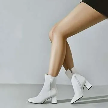 SHEMEE Women's Square Toe Block Heels Booties Chunky High Heeled Side Zipper Ankle Boots Shoes(White,us 9)