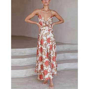 Fashionme Women Midi Satin Dresses Tie Front Backless Split Summer Casual Floral Tropical Hawaiian Slip Dress Sexy Sundress Wedding Guest Beach Cocktail Vacation Graduation D-white