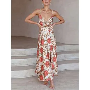 Fashionme Women Midi Satin Dresses Tie Front Backless Split Summer Casual Floral Tropical Hawaiian Slip Dress Sexy Sundress Wedding Guest Beach Cocktail Vacation Graduation D-white